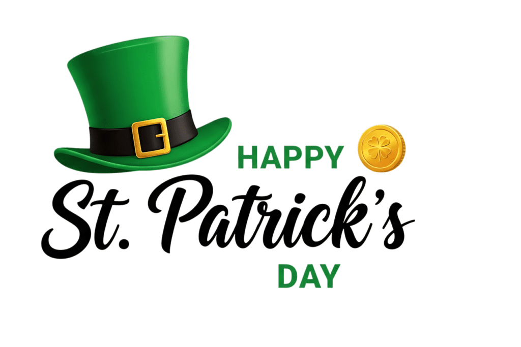 St. Patrick’s Day celebration graphic with green hat and shamrock coin in Scottsdale Arizona