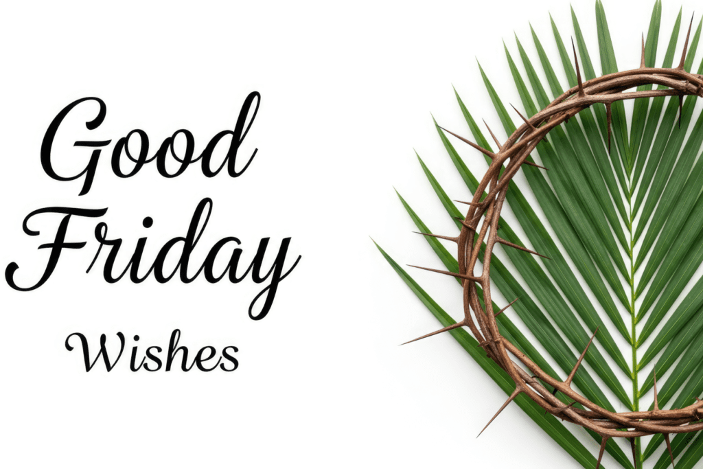 Good Friday message with crown of thorns and palm leaf on a white background