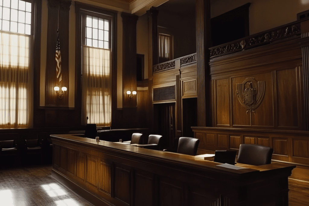 Second-degree murder trial courtroom in Arizona with judge bench and jury area